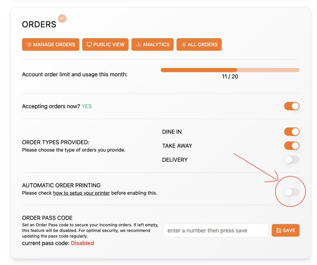 Automatic order reciept printing daashboard elegant menu